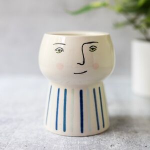 Opal House white face ceramic planter with blue stripes 4.5 inches